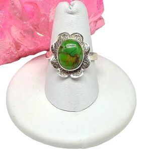 Kingman Green Copper Turquoise Flower Ring Size 8 Solid 925 Sterling Silver